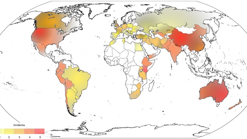 World map with countries colored according to stripe rust incidence, light yellow being one (low) and red being a five (high)