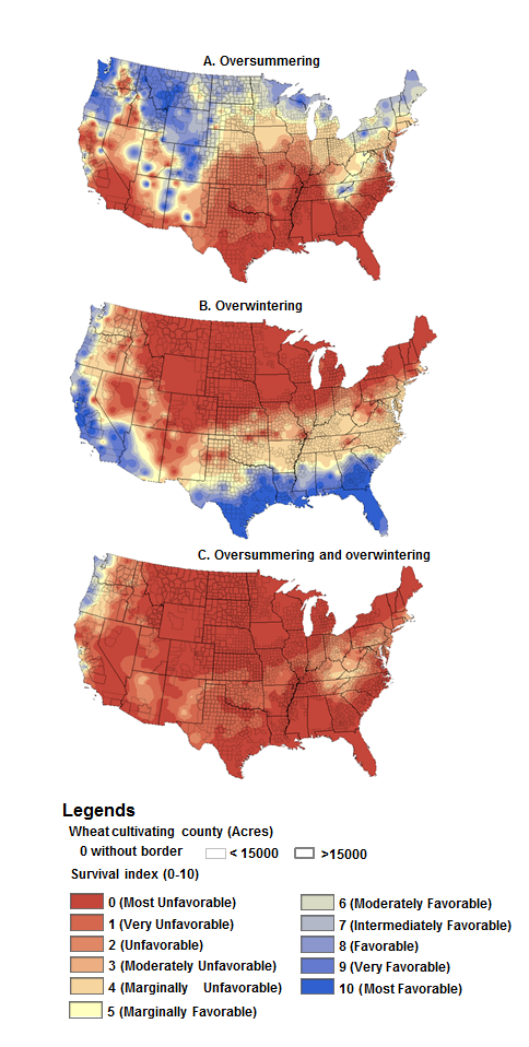 Map of the US showing regions where overwintering or oversummering is favorable.